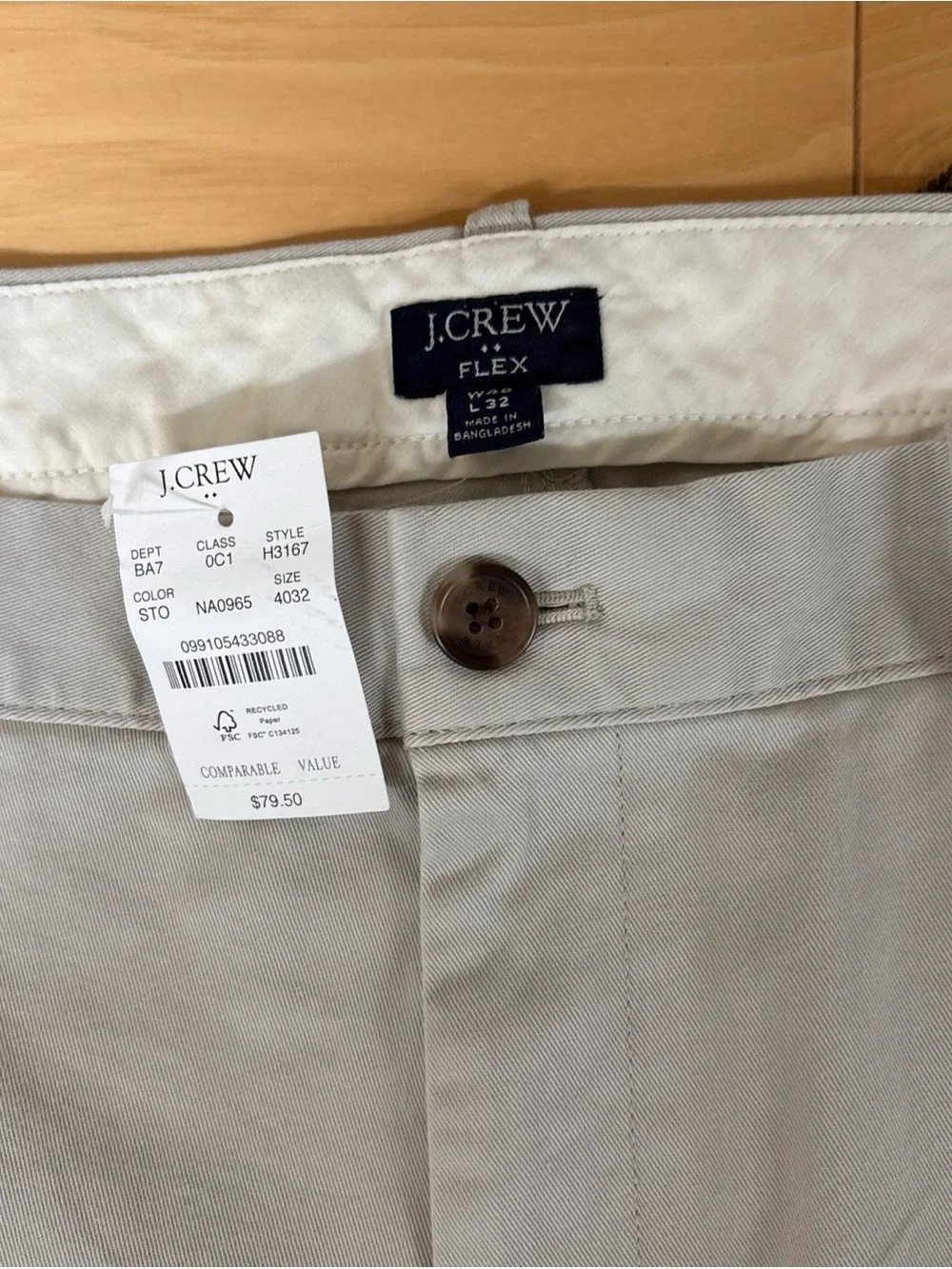 NEW J. Crew Men's Slim Fit, Flat Front Chinos in Stone Size 40X32 Classic